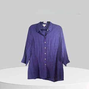 J Jill Shirt Womens Medium Purple Check Tunic Ruffle Coastal Cottage Country